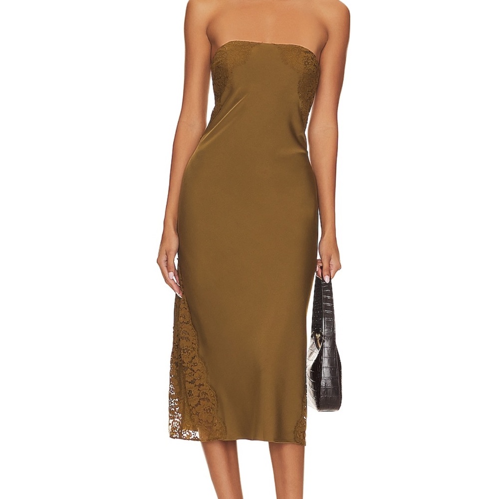 House of Harlow 1960 Francisca Midi Dress Olive Green. Strapless. Lace details